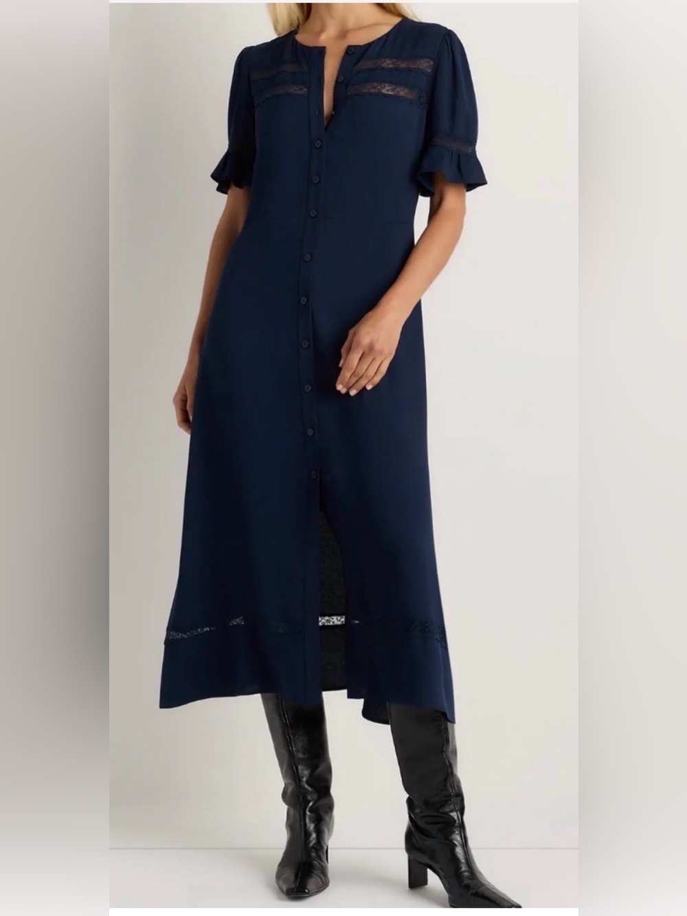 Quince | Navy Crepe Button-Front Midi Dress with Lace Insets Size Small